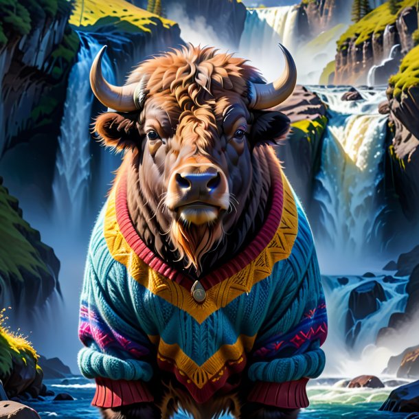 Photo of a bison in a sweater in the waterfall