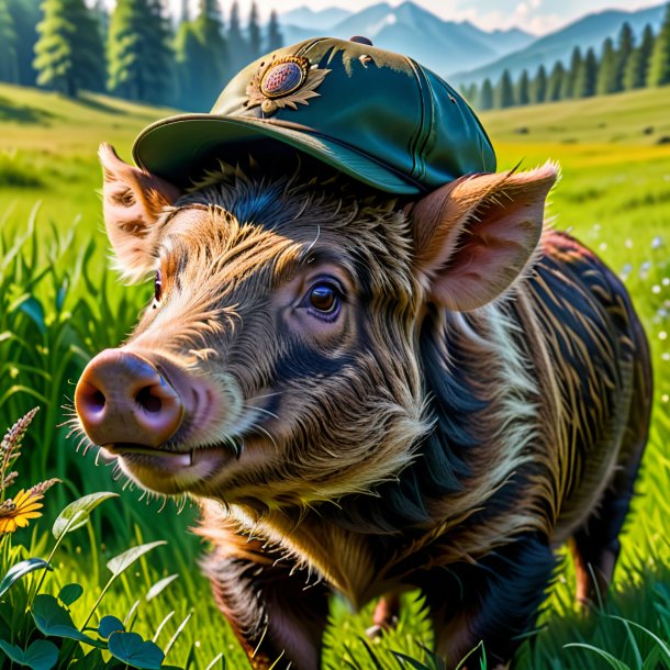 Image d'un sanglier dans une casquette dans la prairie