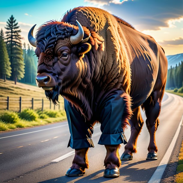 Image of a bison in a trousers on the road