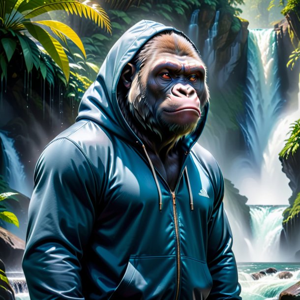 Picture of a gorilla in a hoodie in the waterfall