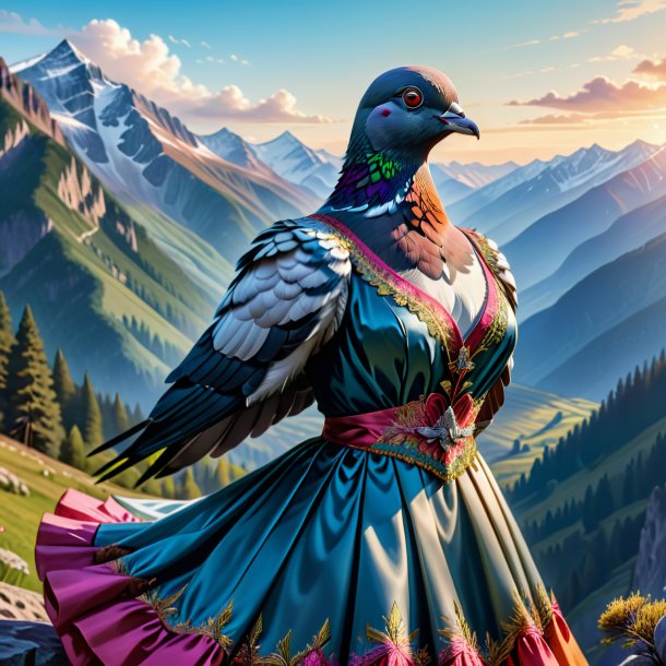 Drawing of a pigeon in a dress in the mountains