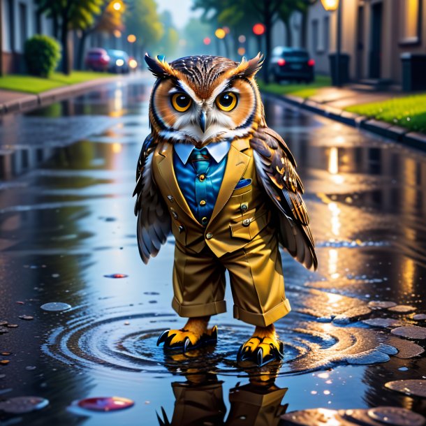 Photo of a owl in a trousers in the puddle