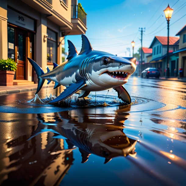 Picture of a playing of a hammerhead shark in the puddle