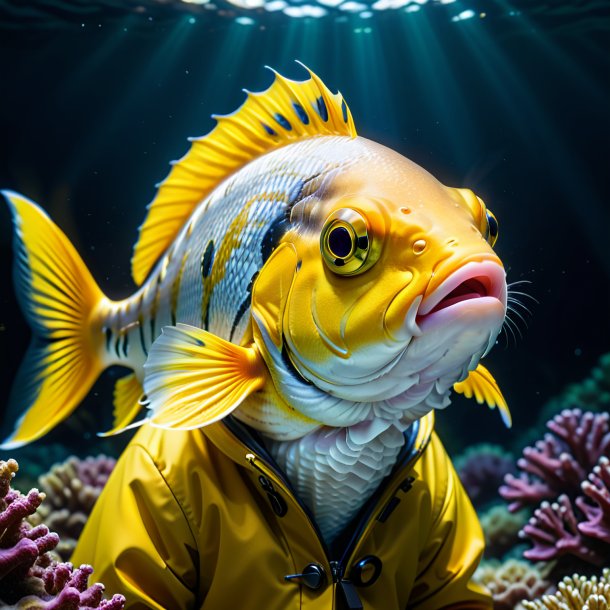 Imagem de um peixe em um casaco amarelo