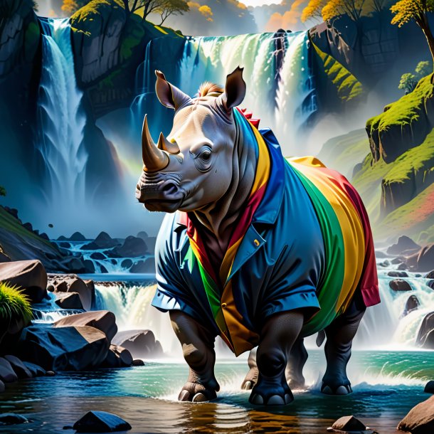 Picture of a rhinoceros in a coat in the waterfall