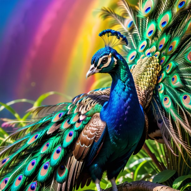 Imagen de un reposo de un pavo real sobre el arco iris