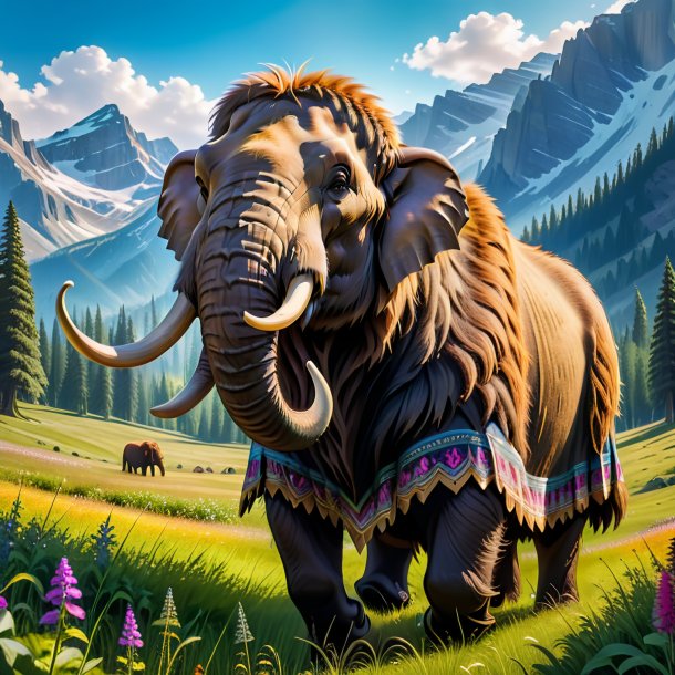 Photo of a mammoth in a skirt in the meadow