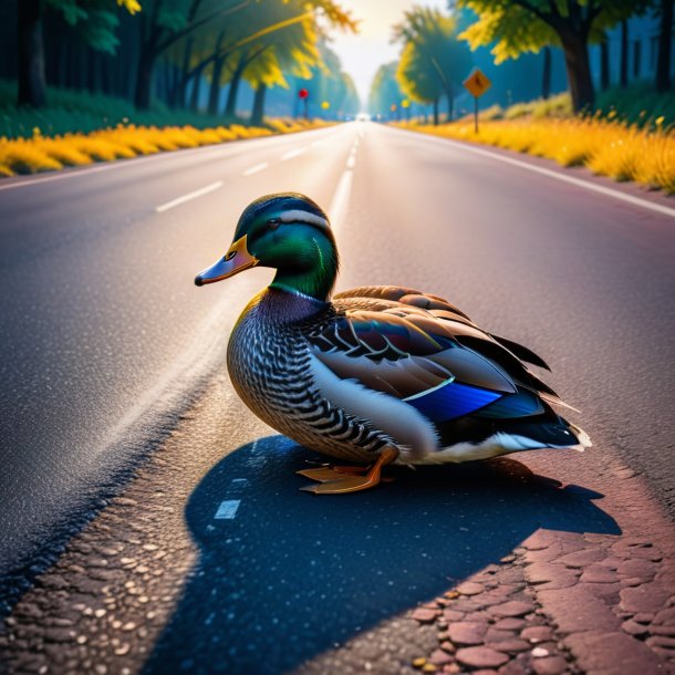 Image of a sleeping of a duck on the road