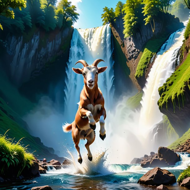 Photo of a jumping of a goat in the waterfall