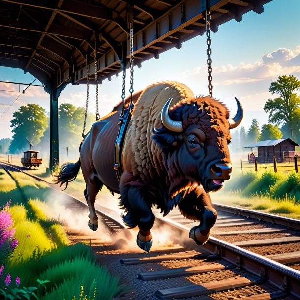 Photo of a swinging on a swing of a bison on the railway tracks