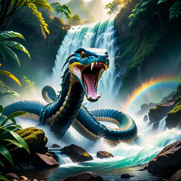 Image of a threatening of a cobra in the waterfall