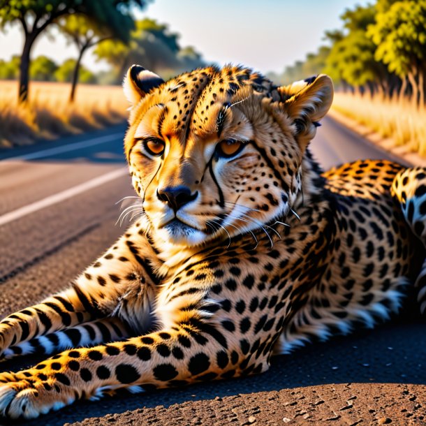 Picture of a sleeping of a cheetah on the road