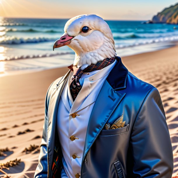 Picture of a dove in a jacket on the beach