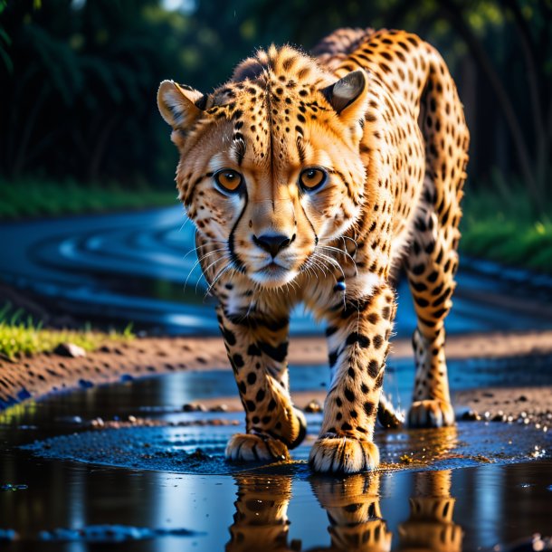 Photo of a cheetah in a gloves in the puddle