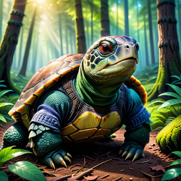 Picture of a turtle in a sweater in the forest