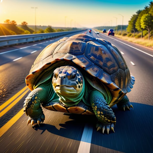 Image of a tortoise in a coat on the highway