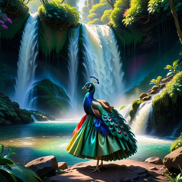 Picture of a peacock in a skirt in the waterfall