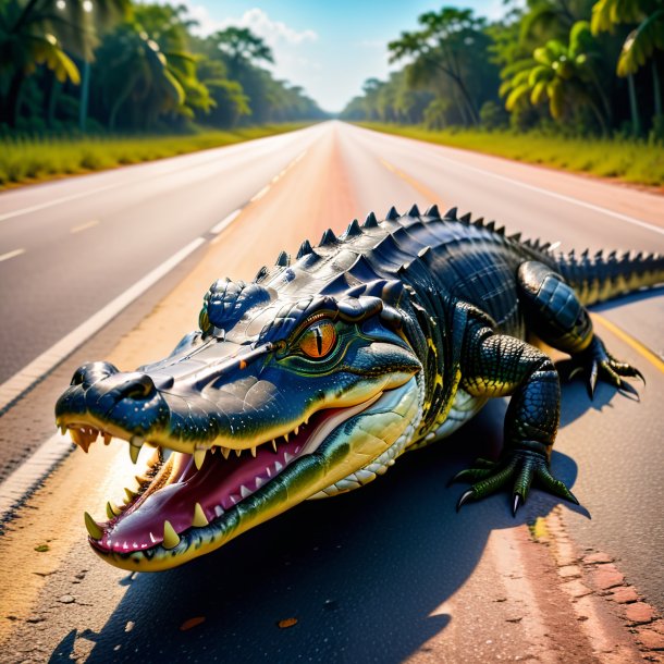 Foto de una bebida de un cocodrilo en el camino