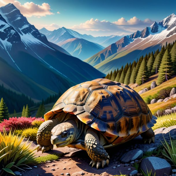 Picture of a tortoise in a coat in the mountains