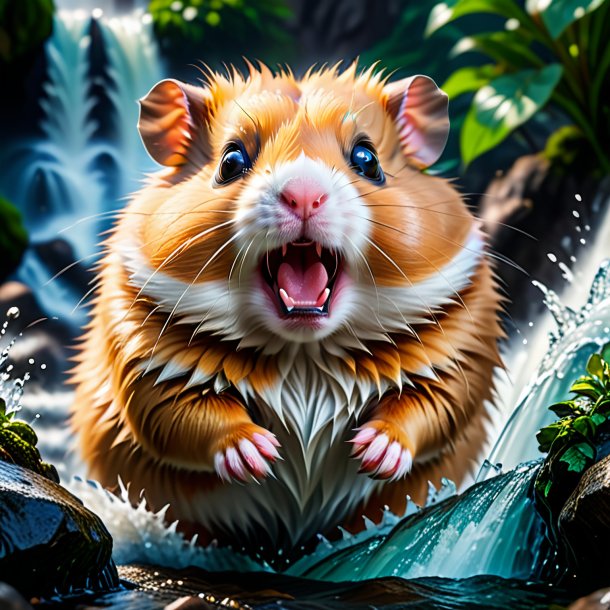 Photo of a angry of a hamster in the waterfall