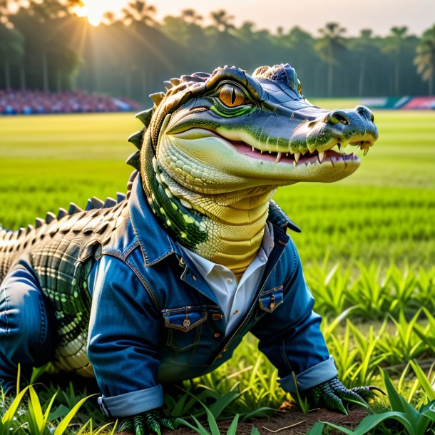 Foto de un caimán en un jeans en el campo