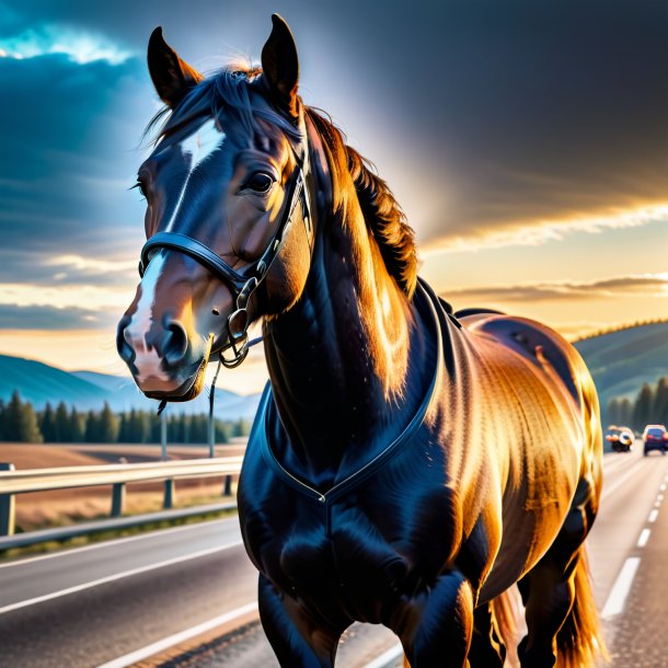 Pic d'un cheval dans un manteau sur l'autoroute