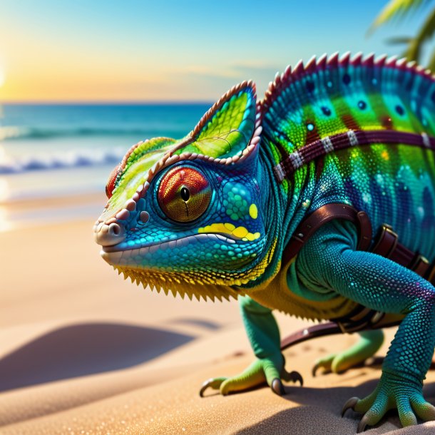 Image of a chameleon in a belt on the beach