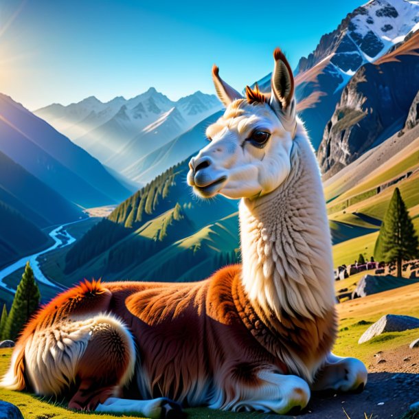 Photo of a resting of a llama in the mountains