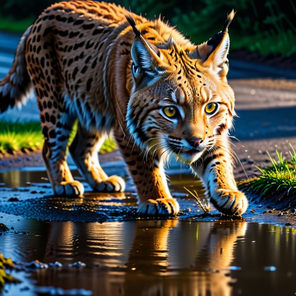 Image of a eating of a lynx in the puddle