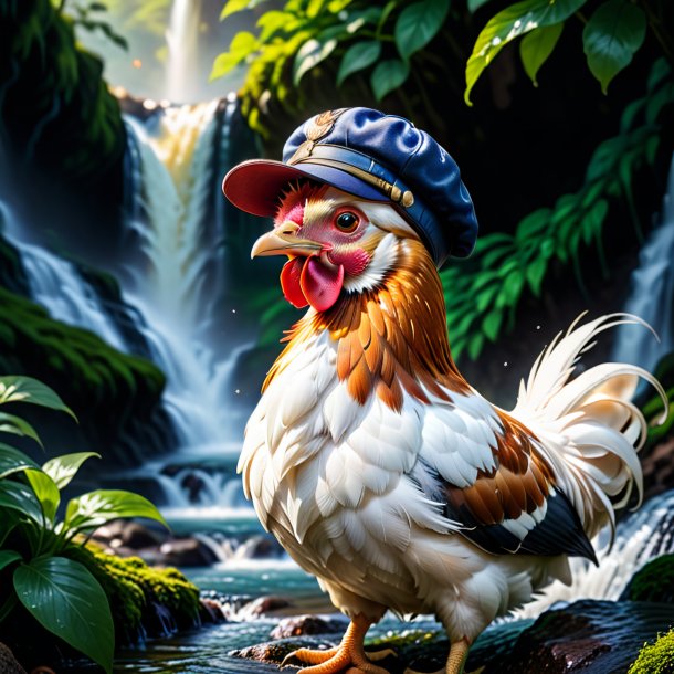 Photo of a hen in a cap in the waterfall