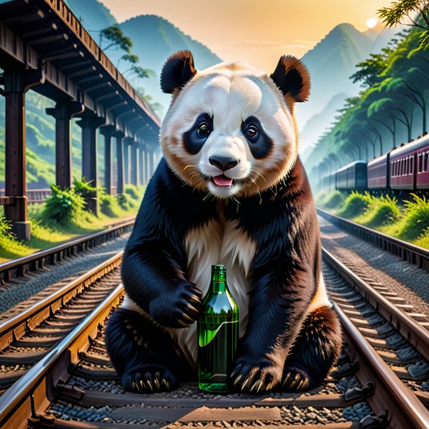 Uma imagem de uma bebida de um panda gigante nos trilhos ferroviários