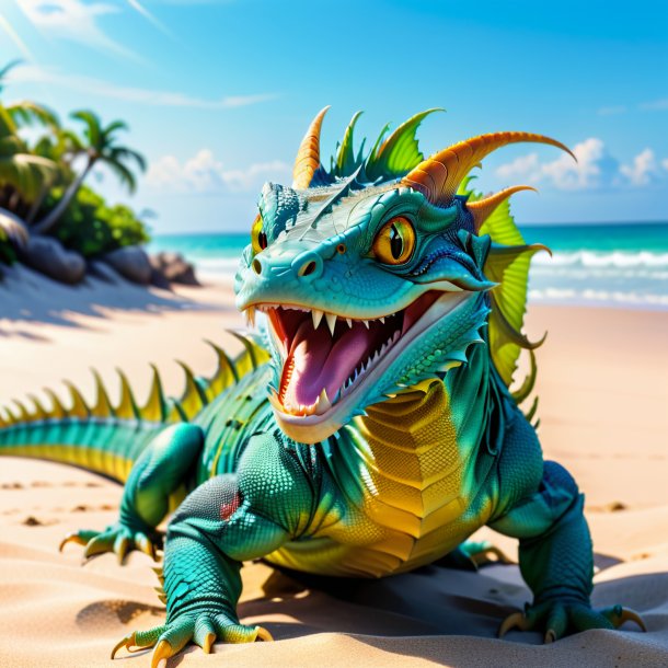 Image of a smiling of a basilisk on the beach