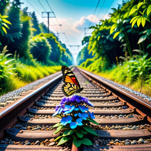 Foto de una espera de una mariposa en las vías del tren