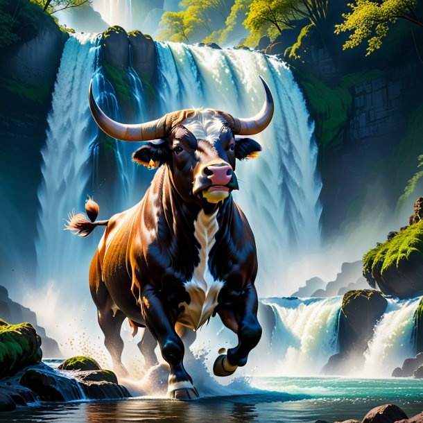 Image of a dancing of a bull in the waterfall