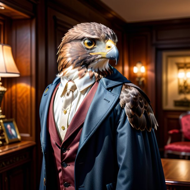 Image of a hawk in a coat in the house