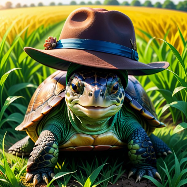 Dibujo de una tortuga en un sombrero en el campo