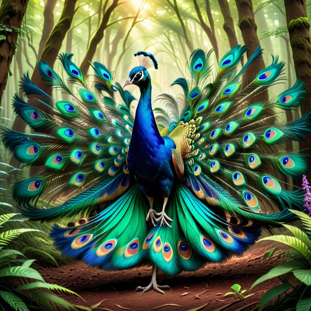 Foto de un baile de un pavo real en el bosque