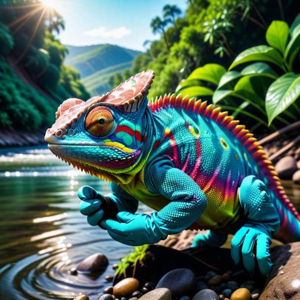 Pic of a chameleon in a gloves in the river