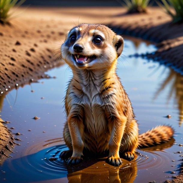 Pic of a smiling of a meerkat in the puddle