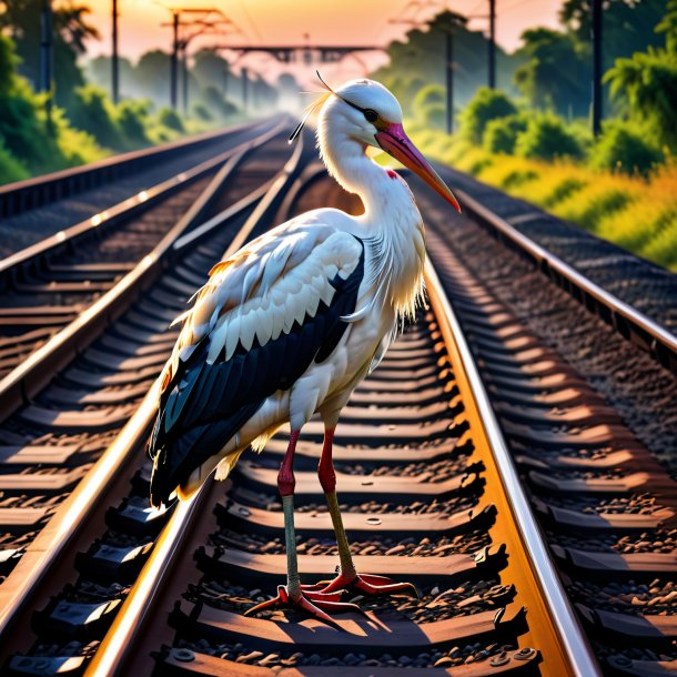 Pic d'une cigogne dans une ceinture sur les voies ferrées