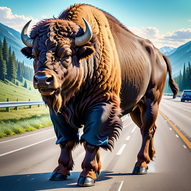 Drawing of a bison in a trousers on the highway