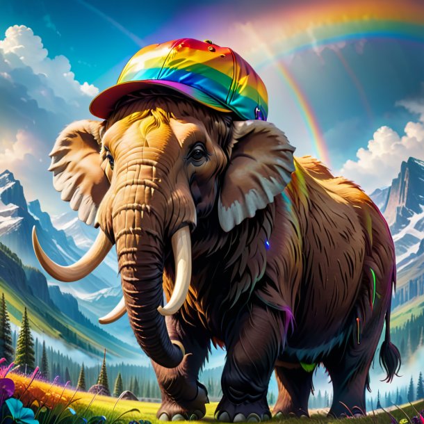 Picture of a mammoth in a cap on the rainbow