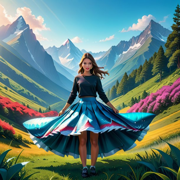 Illustration of a shark in a skirt in the mountains