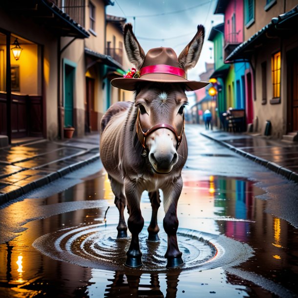 Image of a donkey in a hat in the puddle