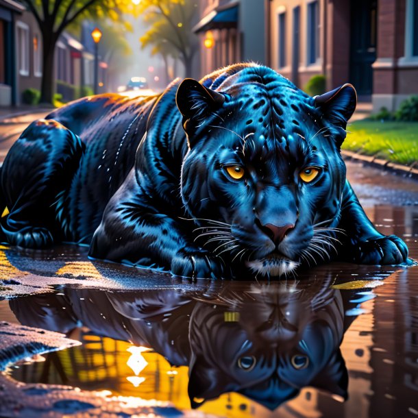 Photo of a sleeping of a panther in the puddle