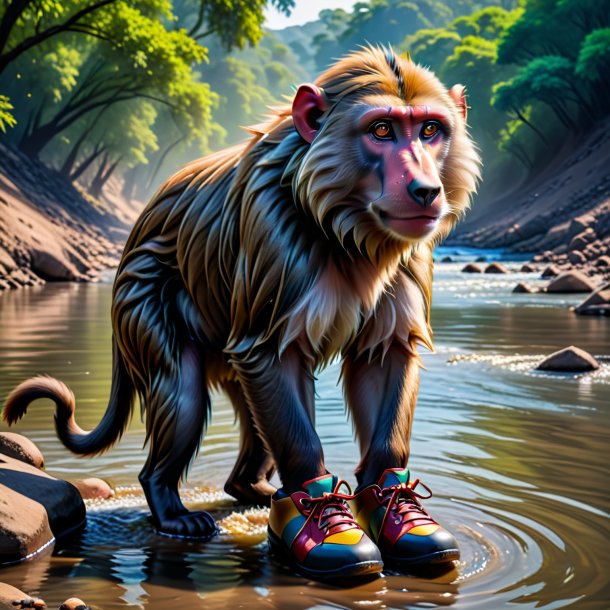 Photo of a baboon in a shoes in the river