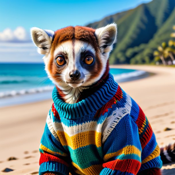 Photo of a lemur in a sweater on the beach