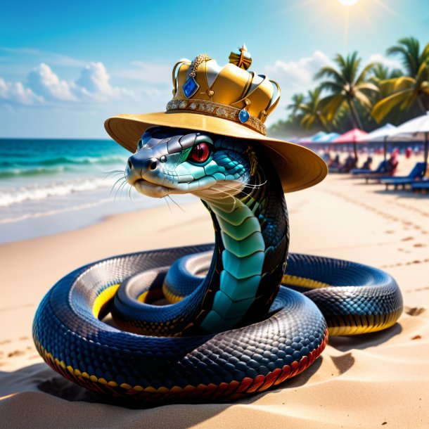 Drawing of a king cobra in a hat on the beach