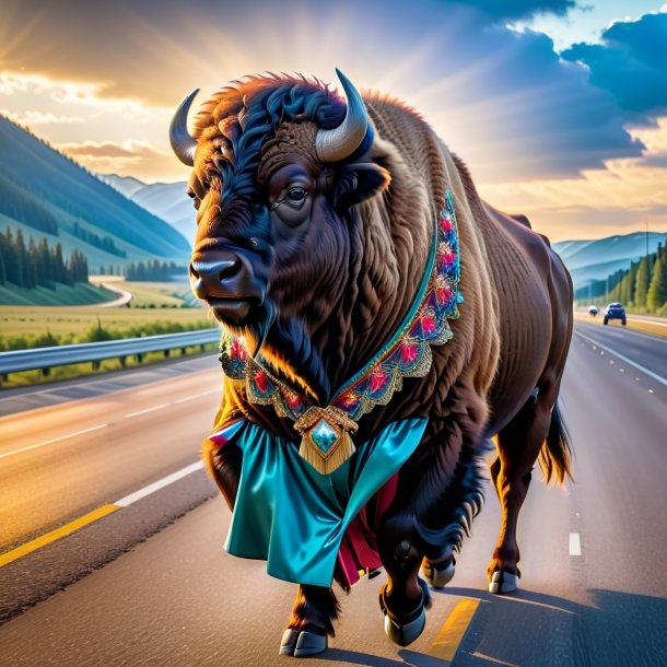 Image of a bison in a dress on the highway