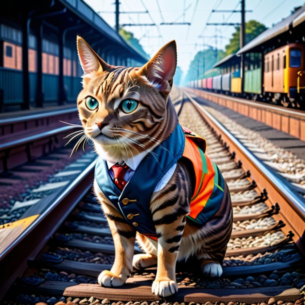 Image of a tuna in a vest on the railway tracks